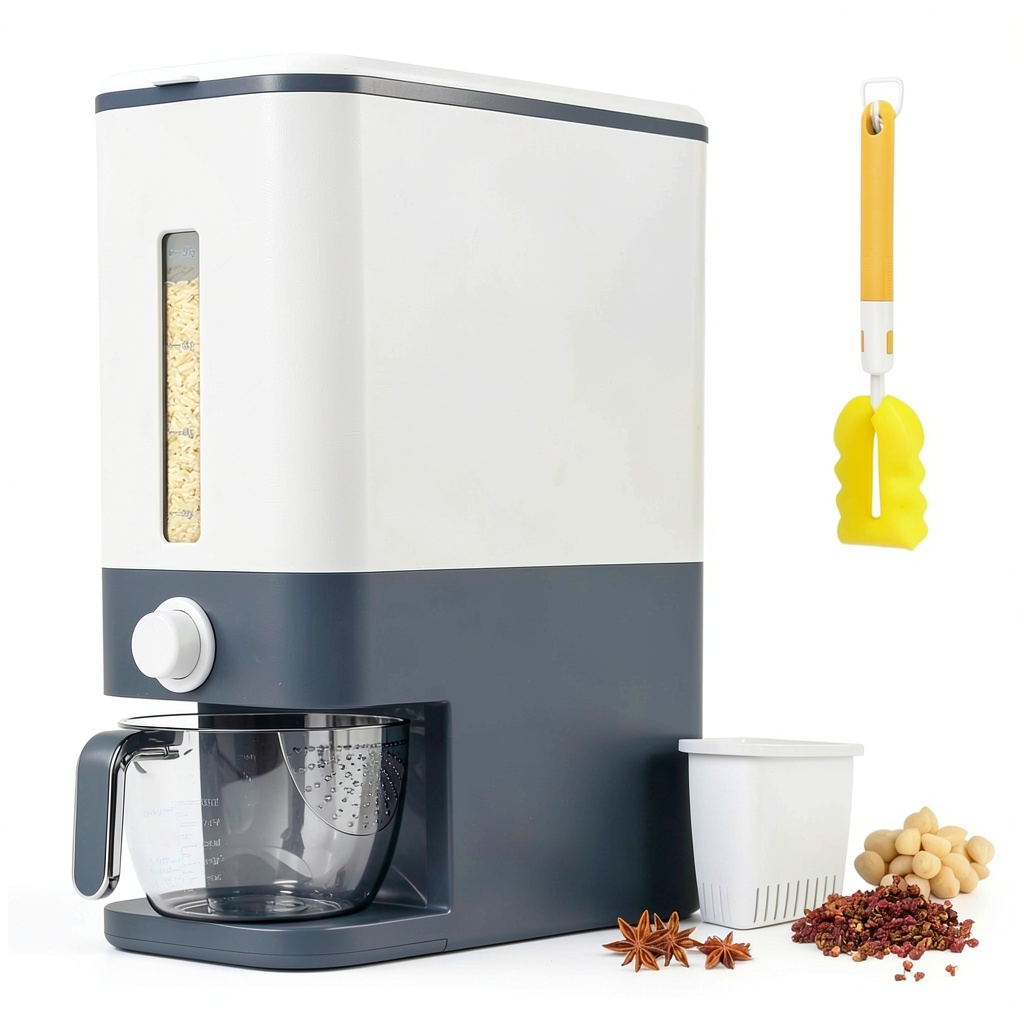 Installing VenDotbi smart rice dispenser BPA free on a wooden kitchen countertop