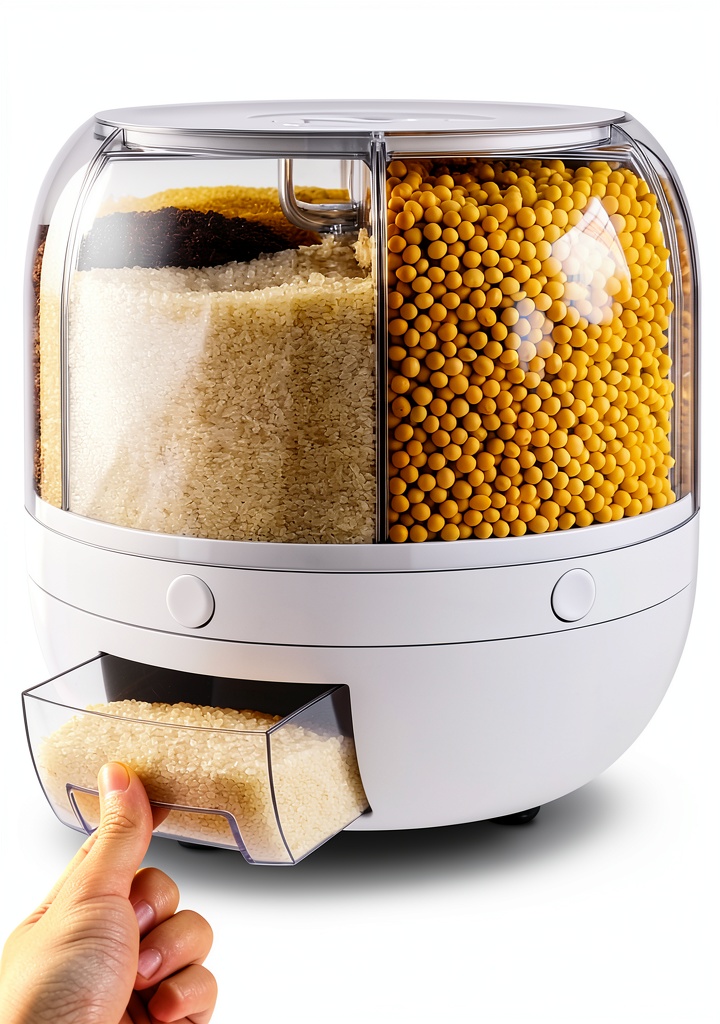 BIAZFYIUW grain dispenser showing rotating compartments on a kitchen counter