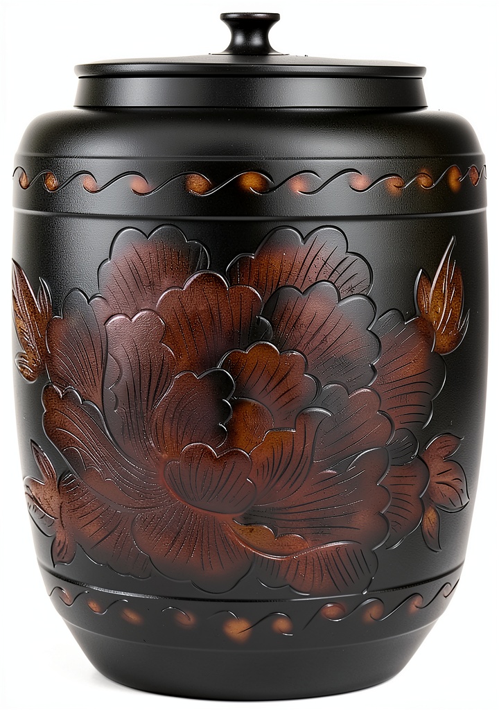 Ceramic rice container on a kitchen counter with grains visible