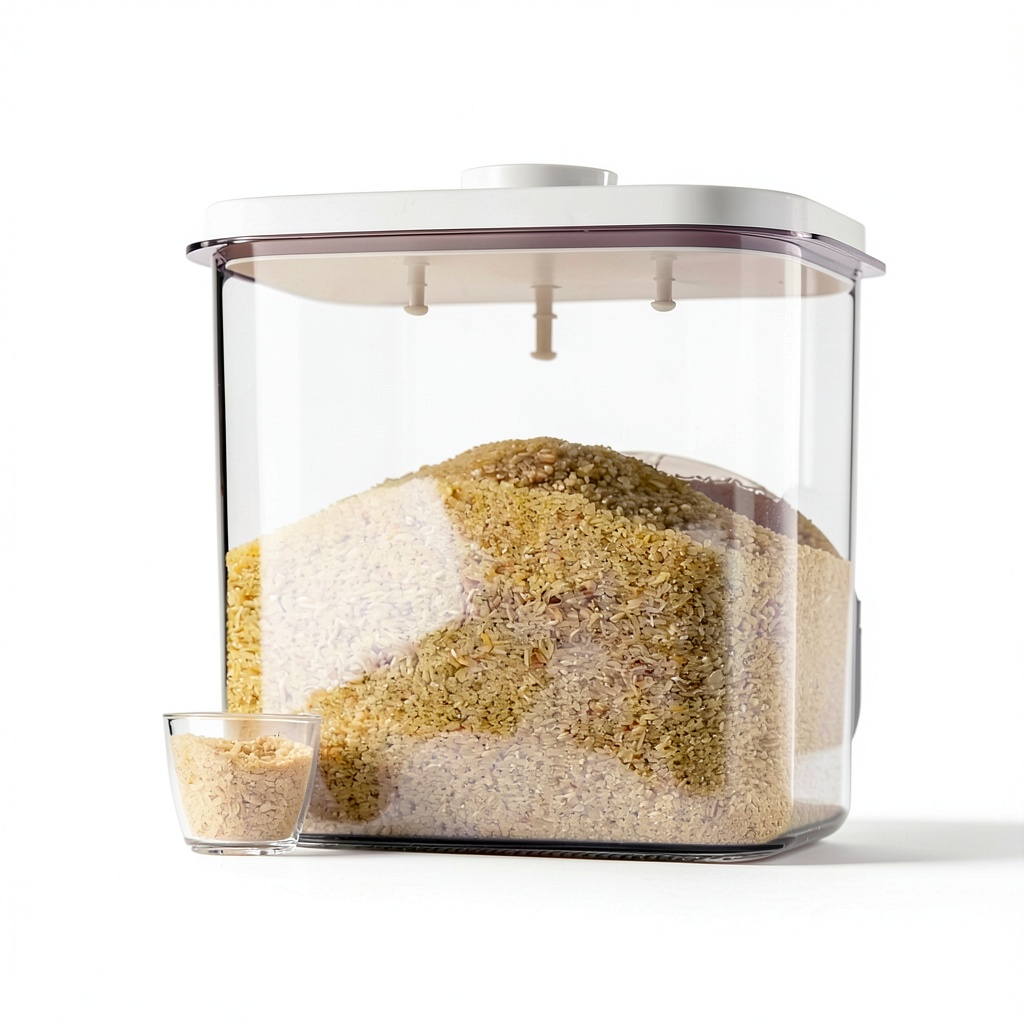Livlab Rice Dispenser Airtight BPA Free Kitchen Storage filled with white rice on kitchen counter