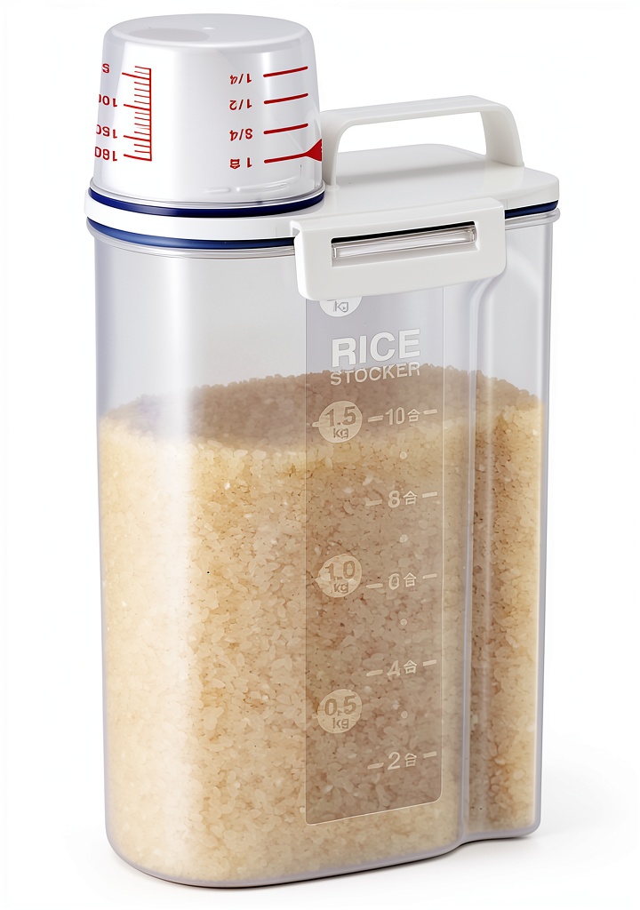 Asvel rice container on a kitchen counter with rice being poured