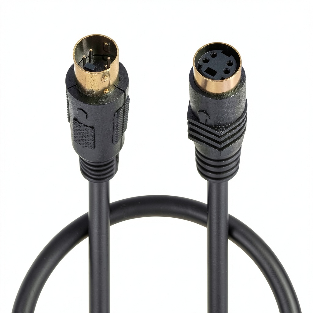 Installing S-Video Cable Mini DIN Poy POY-000788 Gold 1m on a wooden desk