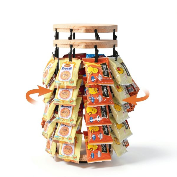 tchrules Chip Rack Display Stand -5-Tier 40 Clips, Snack Organizer wiht Sturdy Wood Base, 360° Spin for Snacks & Candy | Perfect for Party, Retail Store, Countertop, Office, Kitchen-1