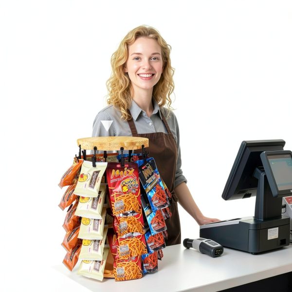 tchrules Chip Rack Display Stand -5-Tier 40 Clips, Snack Organizer wiht Sturdy Wood Base, 360° Spin for Snacks & Candy | Perfect for Party, Retail Store, Countertop, Office, Kitchen-5
