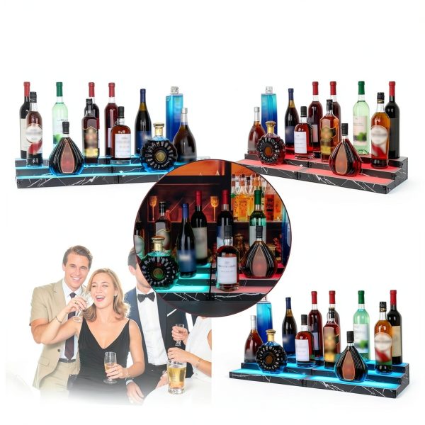 Lighted Liquor Bottle Display Shelf 2-Pack, RGB 3-Tier Bar Shelf with Music Sync, Black Marble-Look Finish on Wood, Remote & App Control, USB Powered for Home Bar & Party-6