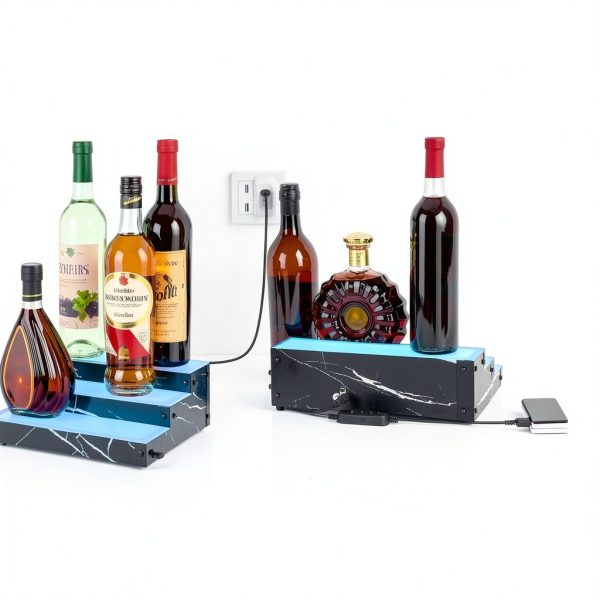 Lighted Liquor Bottle Display Shelf 2-Pack, RGB 3-Tier Bar Shelf with Music Sync, Black Marble-Look Finish on Wood, Remote & App Control, USB Powered for Home Bar & Party-5