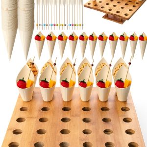 Disposable Wooden Food Cones Rtteri 150pc Set with Bamboo Stick Holder-0