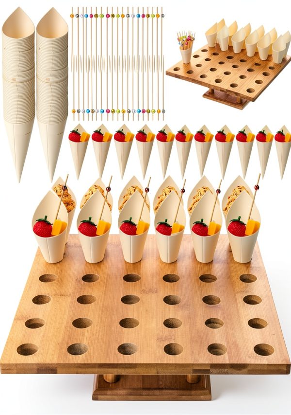Disposable Wooden Food Cones Rtteri 150pc Set with Bamboo Stick Holder-0