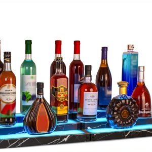Lighted Liquor Bottle Display Shelf 2-Pack, RGB 3-Tier Bar Shelf with Music Sync, Black Marble-Look Finish on Wood, Remote & App Control, USB Powered for Home Bar & Party-0