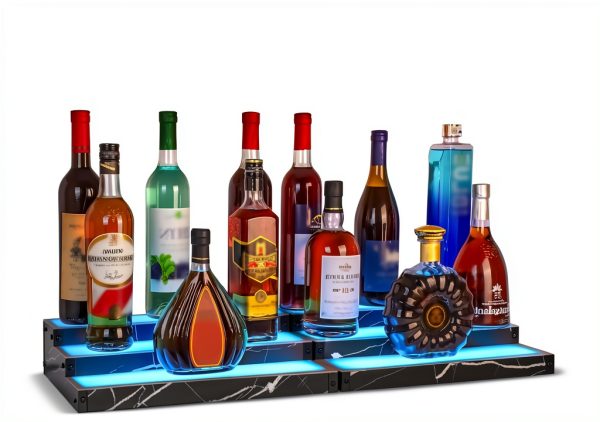 Lighted Liquor Bottle Display Shelf 2-Pack, RGB 3-Tier Bar Shelf with Music Sync, Black Marble-Look Finish on Wood, Remote & App Control, USB Powered for Home Bar & Party-0