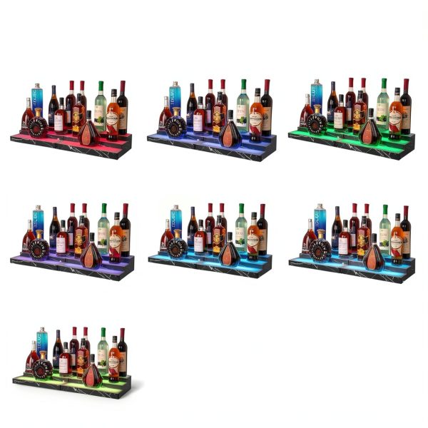 Lighted Liquor Bottle Display Shelf 2-Pack, RGB 3-Tier Bar Shelf with Music Sync, Black Marble-Look Finish on Wood, Remote & App Control, USB Powered for Home Bar & Party-4