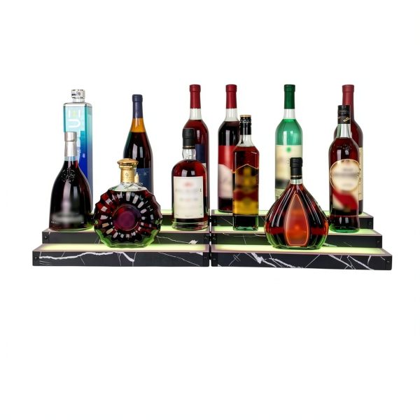 Lighted Liquor Bottle Display Shelf 2-Pack, RGB 3-Tier Bar Shelf with Music Sync, Black Marble-Look Finish on Wood, Remote & App Control, USB Powered for Home Bar & Party-3